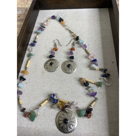 Native American Silvertone Conch Gemstones Nugget & Matching Dangle Earrings SET - Picture 1 of 12